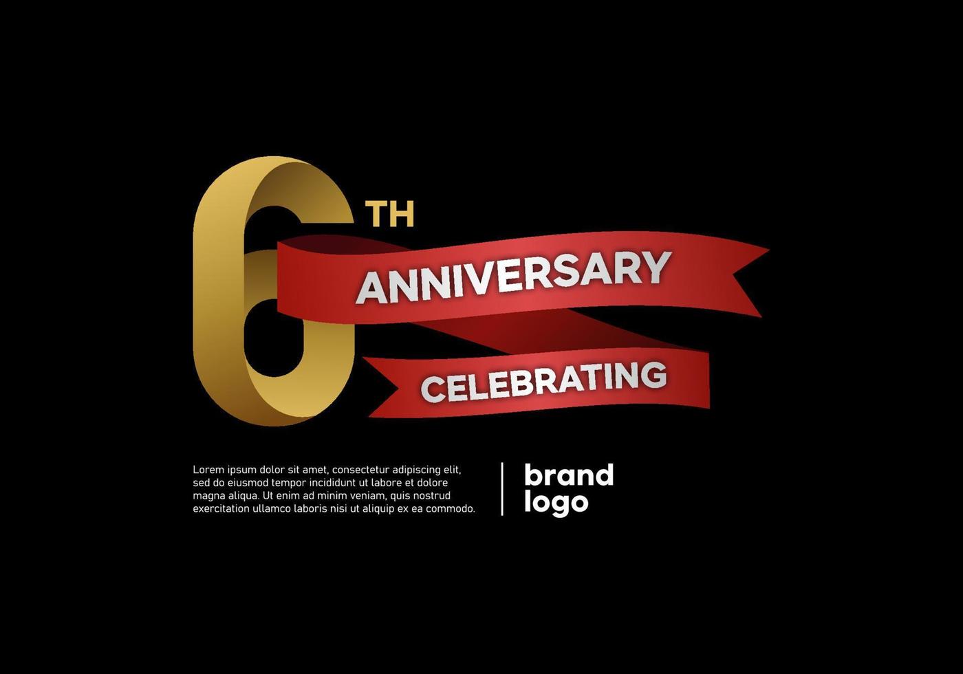 logo anniversaire 6 ans en or et rouge sur fond noir vecteur