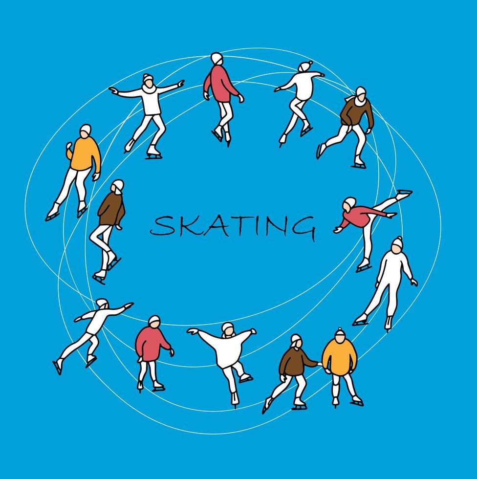 ensemble de patineurs artistiques patinant en cercle. illustration vectorielle dans le style de griffonnages. vecteur
