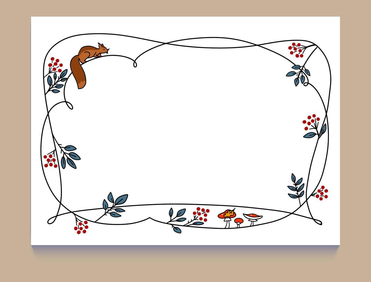 ensemble de cadres de feuilles d'automne peints à la main, feuilles de champignons et clipart d'écureuils. dessiné à la main isolé sur fond blanc vecteur