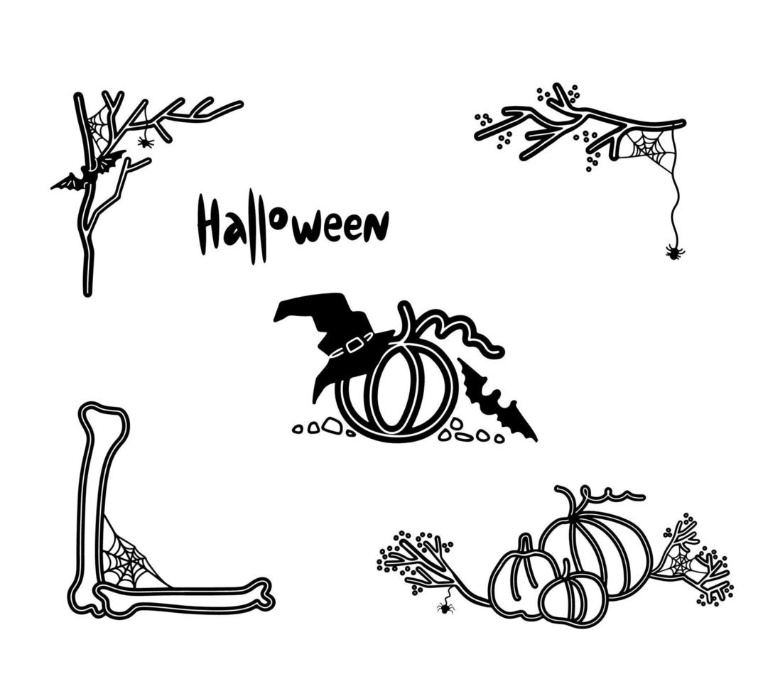 ensemble d'éléments d'halloween avec une citrouille, une toile et une araignée, des fantômes et une chauve-souris. conception géniale. collection vectorielle pour la conception de monogrammes, invitations, cadres vecteur