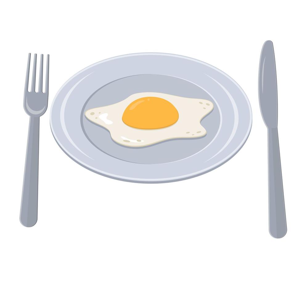 oeuf au plat sur une assiette avec une fourchette et un couteau, illustration vectorielle de couleur en style cartoon vecteur