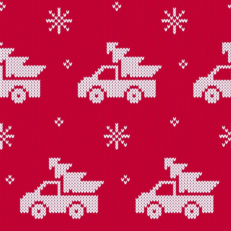 camions de noël blancs transportant des arbres de noël sur fond rouge motif pull tricoté. vecteur