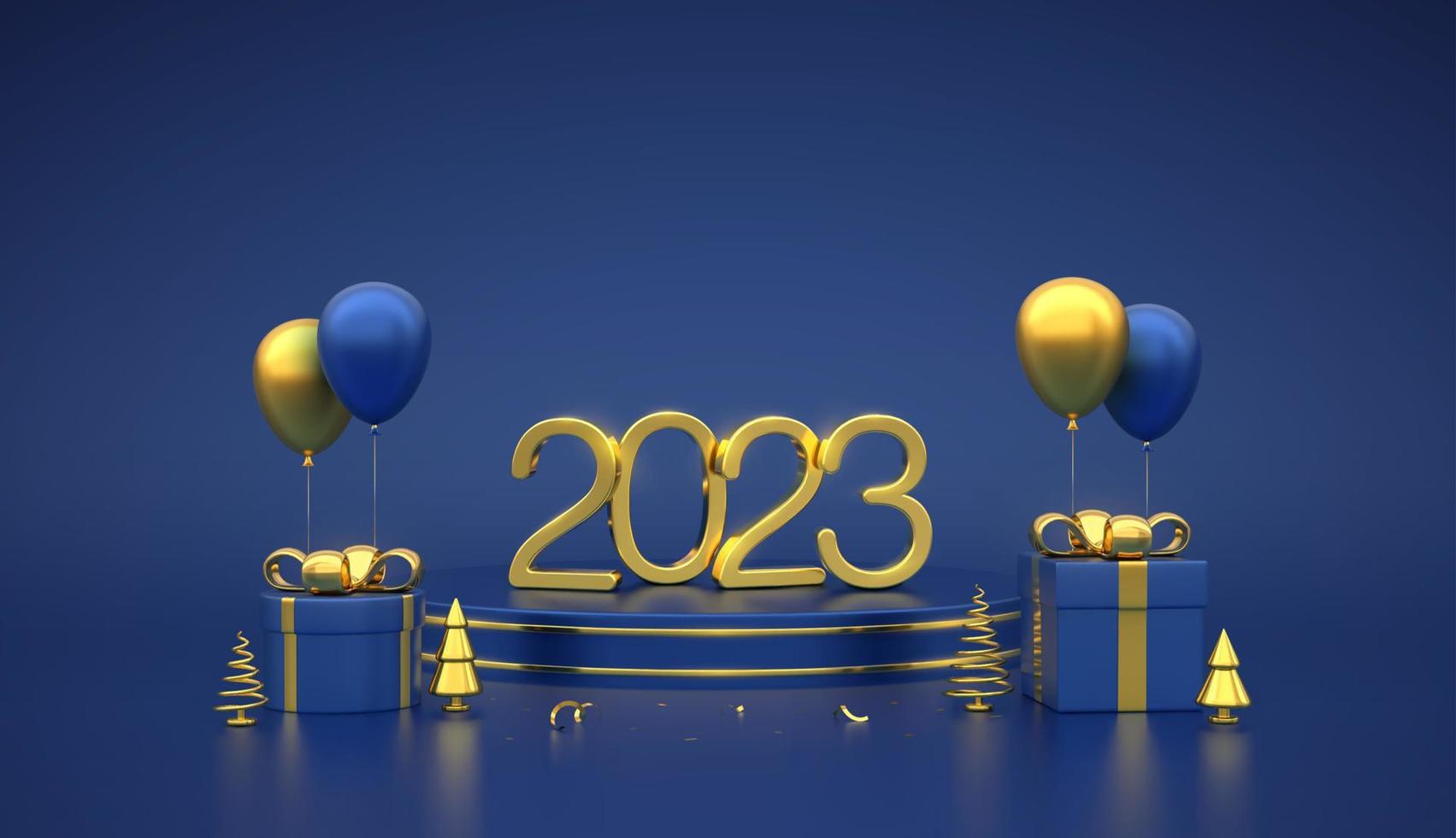 bonne année 2023. numéros métalliques dorés 3d 2023 sur le podium de la scène bleue. plate-forme ronde de scène avec des coffrets cadeaux et des pins métalliques dorés, des épinettes et des ballons festifs à l'hélium. illustration vectorielle. vecteur