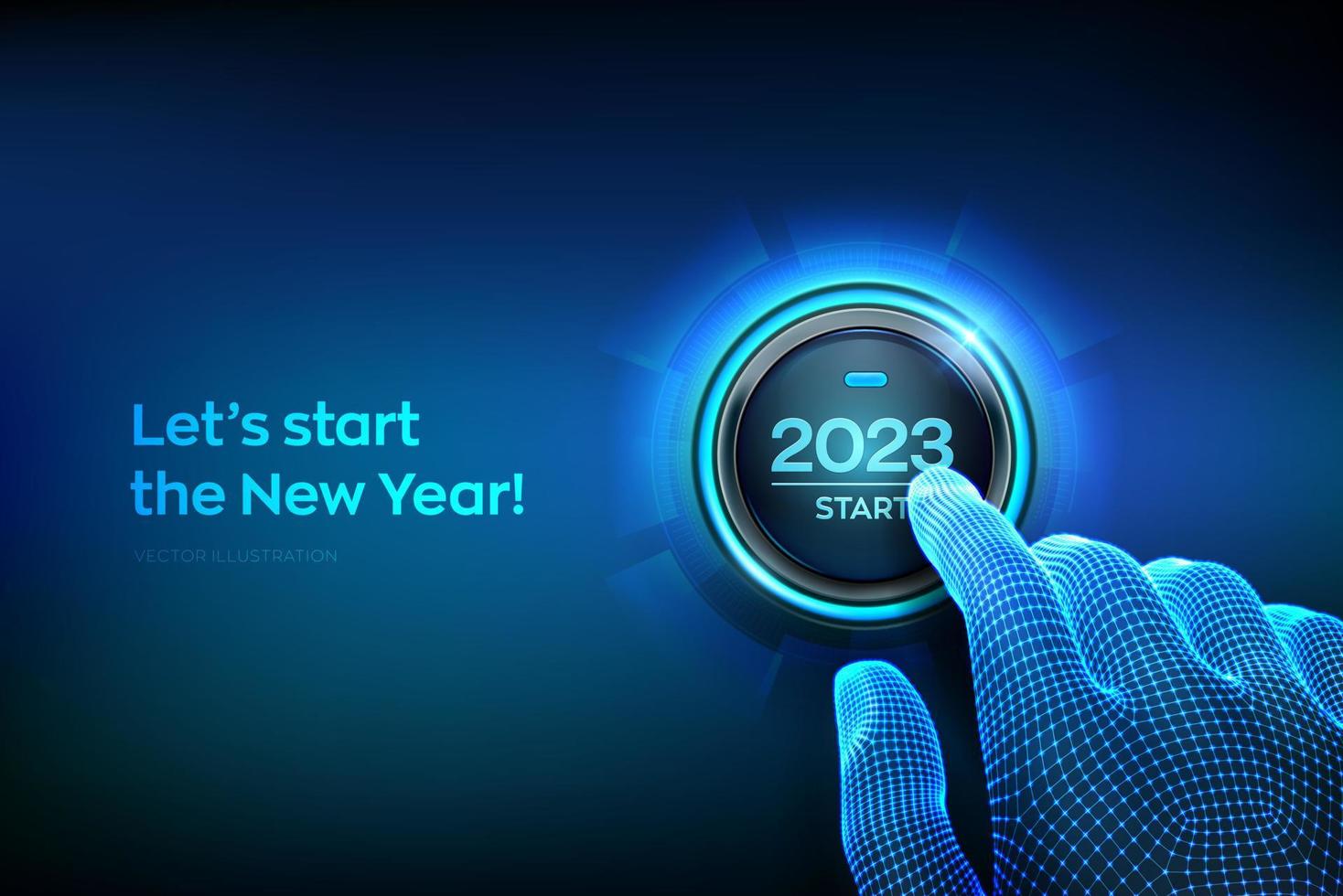 Début 2023. doigt sur le point d'appuyer sur un bouton avec le texte 2023 start. bonne année. le concept du nouvel an deux mille vingt trois arrive. illustration vectorielle. vecteur