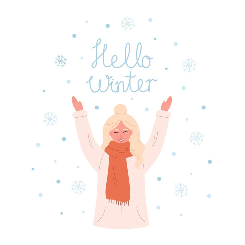 femme saluant la saison d'hiver. femme heureuse jouant avec des flocons de neige. bonjour carte de voeux d'hiver. heure d'hiver vecteur