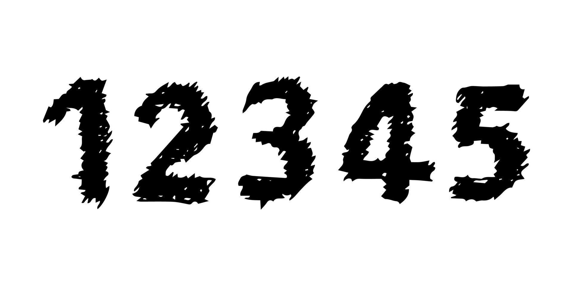 numéros dessinés à la main 12345. police et police modernes majuscules. symboles noirs sur fond blanc. illustration vectorielle. vecteur
