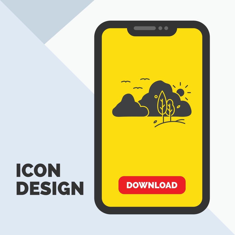 Montagne. paysage. colline. la nature. icône de glyphe d'arbre dans la page de téléchargement mobile. fond jaune vecteur