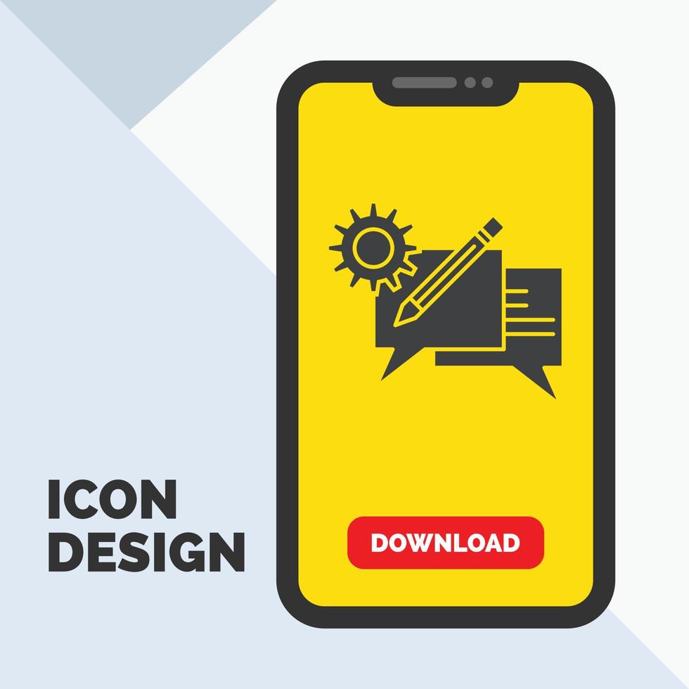 discuter. la communication. discussion. paramètre. icône de glyphe de message dans la page de téléchargement mobile. fond jaune vecteur