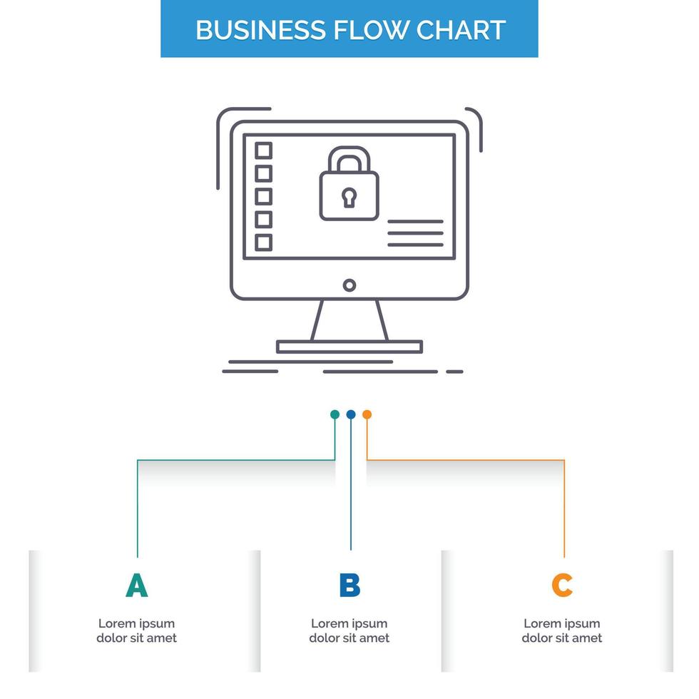 sécurisé. protection. sûr. système. conception d'organigramme de données en 3 étapes. icône de ligne pour le modèle d'arrière-plan de présentation place pour le texte vecteur