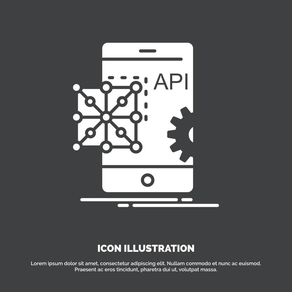 API. application. codage. développement. icône mobile. symbole de vecteur de glyphe pour ui et ux. site web ou application mobile