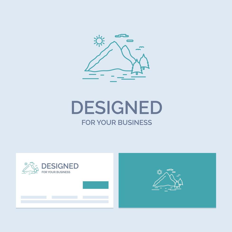 la nature. colline. paysage. Montagne. symbole d'icône de ligne de logo d'entreprise de soleil pour votre entreprise. cartes de visite turquoise avec modèle de logo de marque vecteur