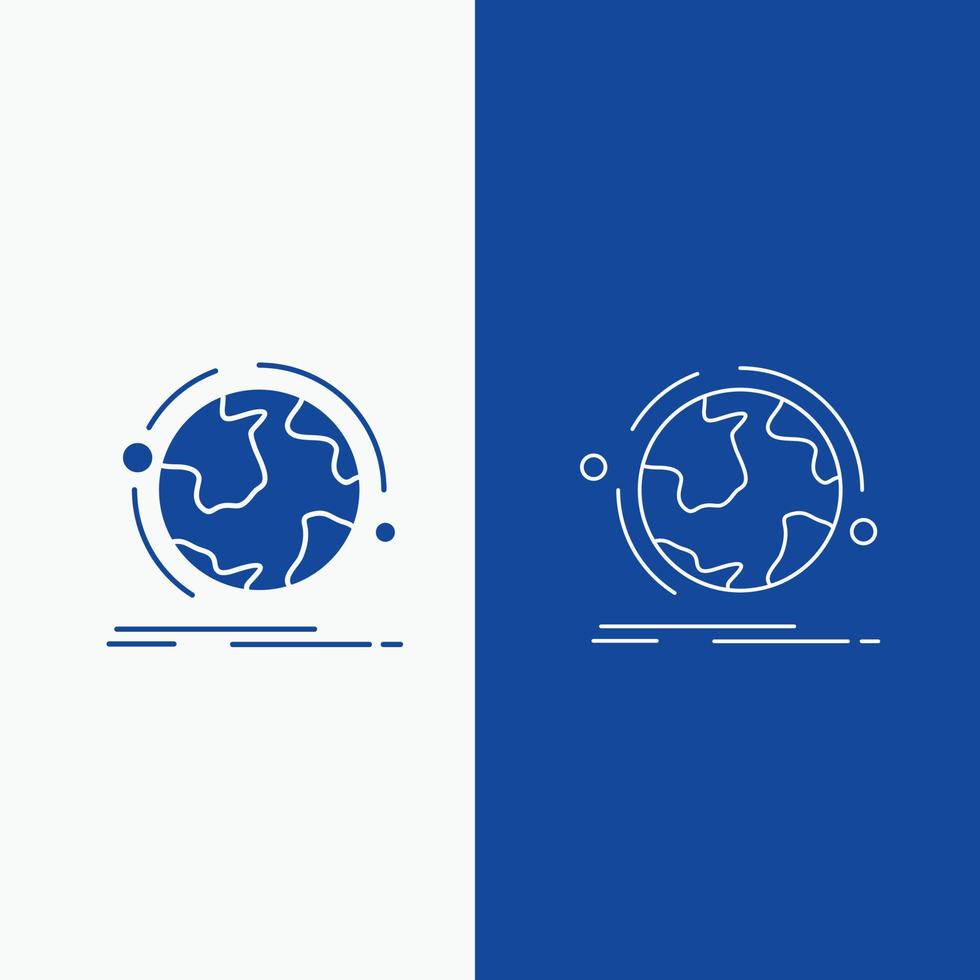 globe. monde. découvrir. lien. ligne réseau et bouton web glyphe dans une bannière verticale de couleur bleue pour ui et ux. site web ou application mobile vecteur