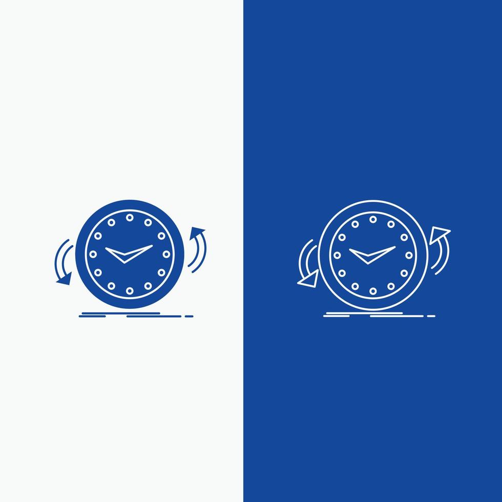 sauvegarde. l'horloge. dans le sens des aiguilles d'une montre. compteur. ligne de temps et bouton web glyphe dans une bannière verticale de couleur bleue pour ui et ux. site web ou application mobile vecteur