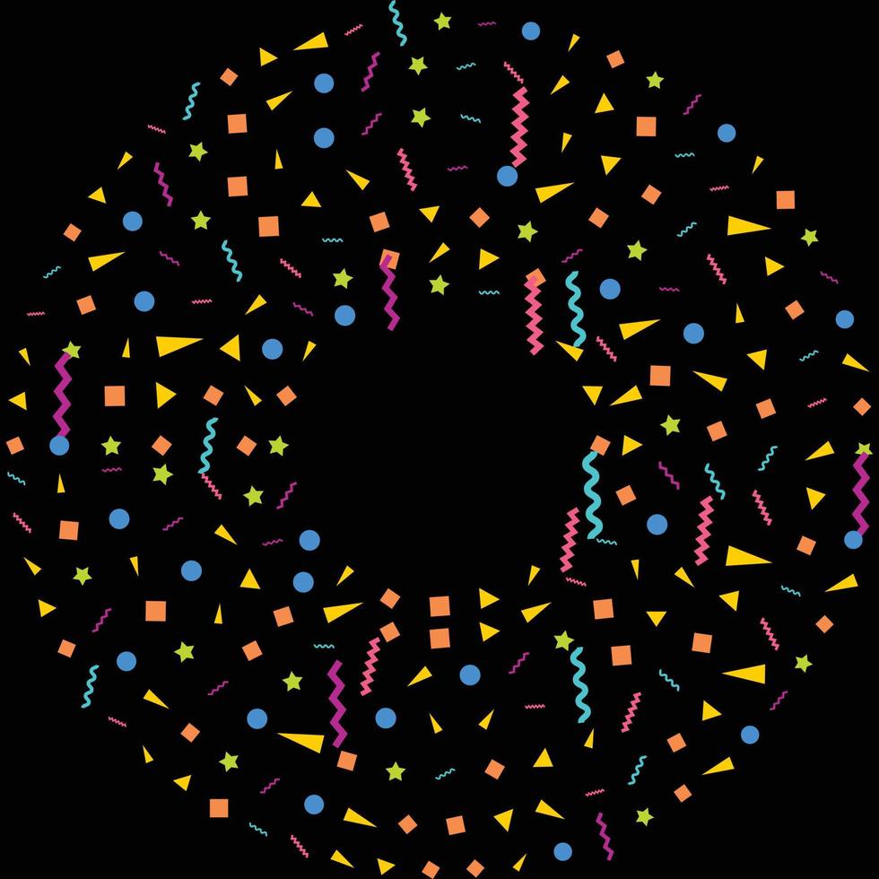 fond noir abstrait vectoriel avec de nombreux petits morceaux de confettis colorés tombant et ruban. carnaval. décoration de noël ou du nouvel an fanions de fête colorés pour anniversaire. festival