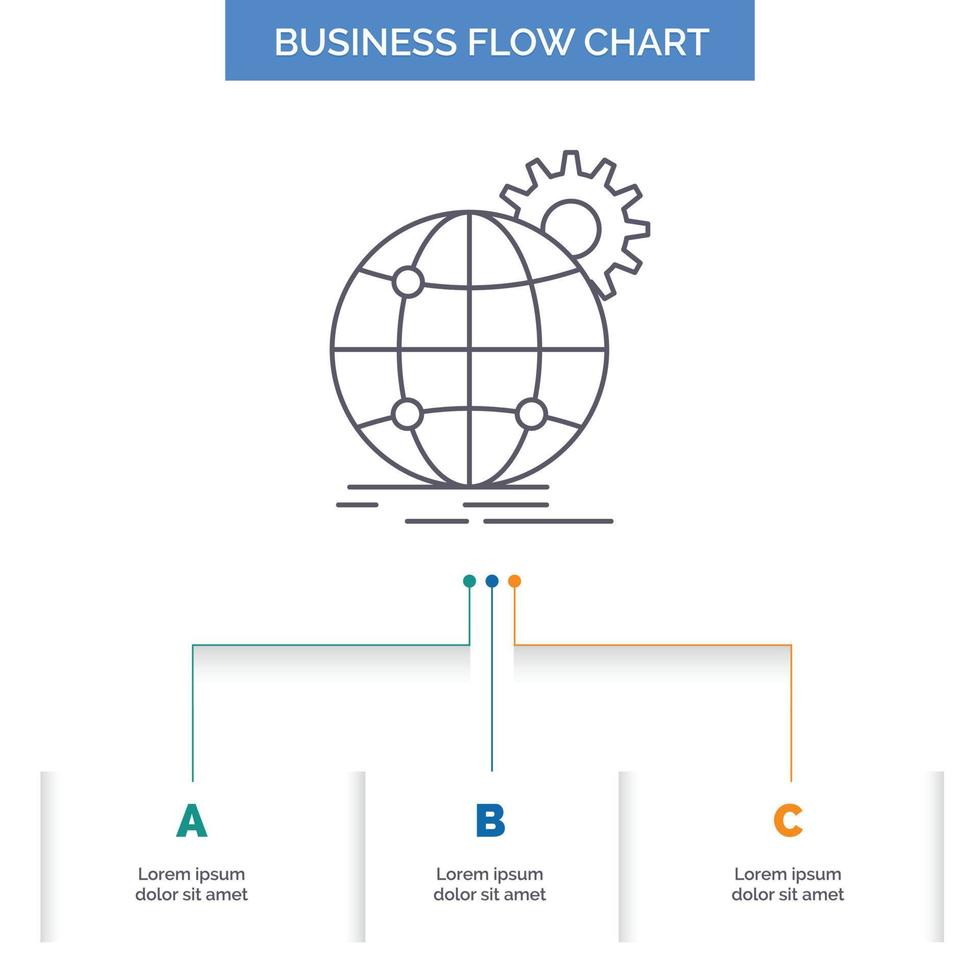 international. Entreprise. globe. à l'échelle mondiale. conception d'organigramme d'affaires d'engrenage avec 3 étapes. icône de ligne pour le modèle d'arrière-plan de présentation place pour le texte vecteur