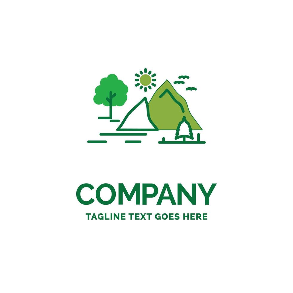 colline. paysage. la nature. Montagne. modèle de logo d'entreprise plat soleil. conception de marque verte créative. vecteur