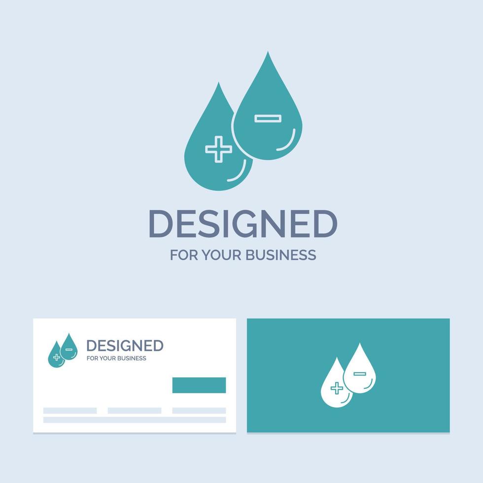 du sang. goutte. liquide. plus. moins symbole d'icône de glyphe de logo d'entreprise pour votre entreprise. cartes de visite turquoise avec modèle de logo de marque. vecteur