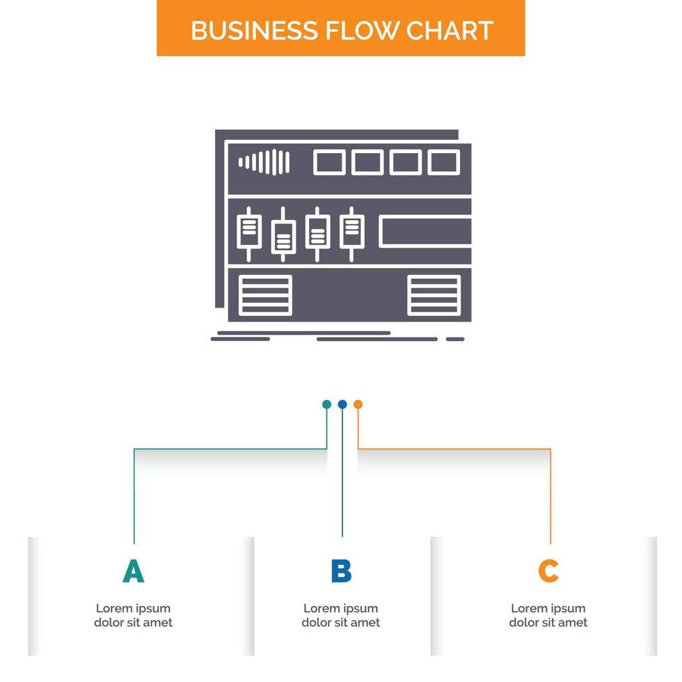 l'audio. Maîtriser. module. montage en rack. conception d'organigramme d'entreprise solide en 3 étapes. icône de glyphe pour la place du modèle d'arrière-plan de présentation pour le texte. vecteur