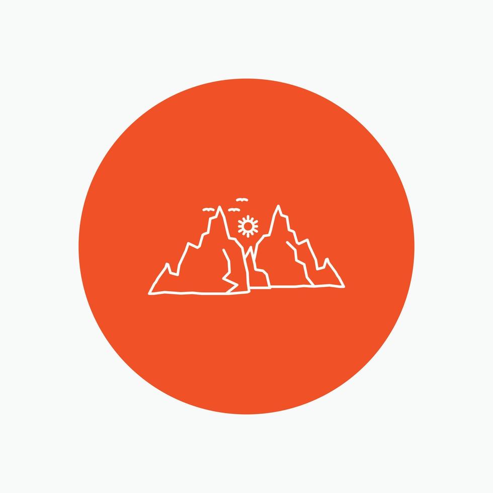 Montagne. paysage. colline. la nature. icône de la ligne blanche du soleil sur fond de cercle. illustration d'icône vectorielle vecteur