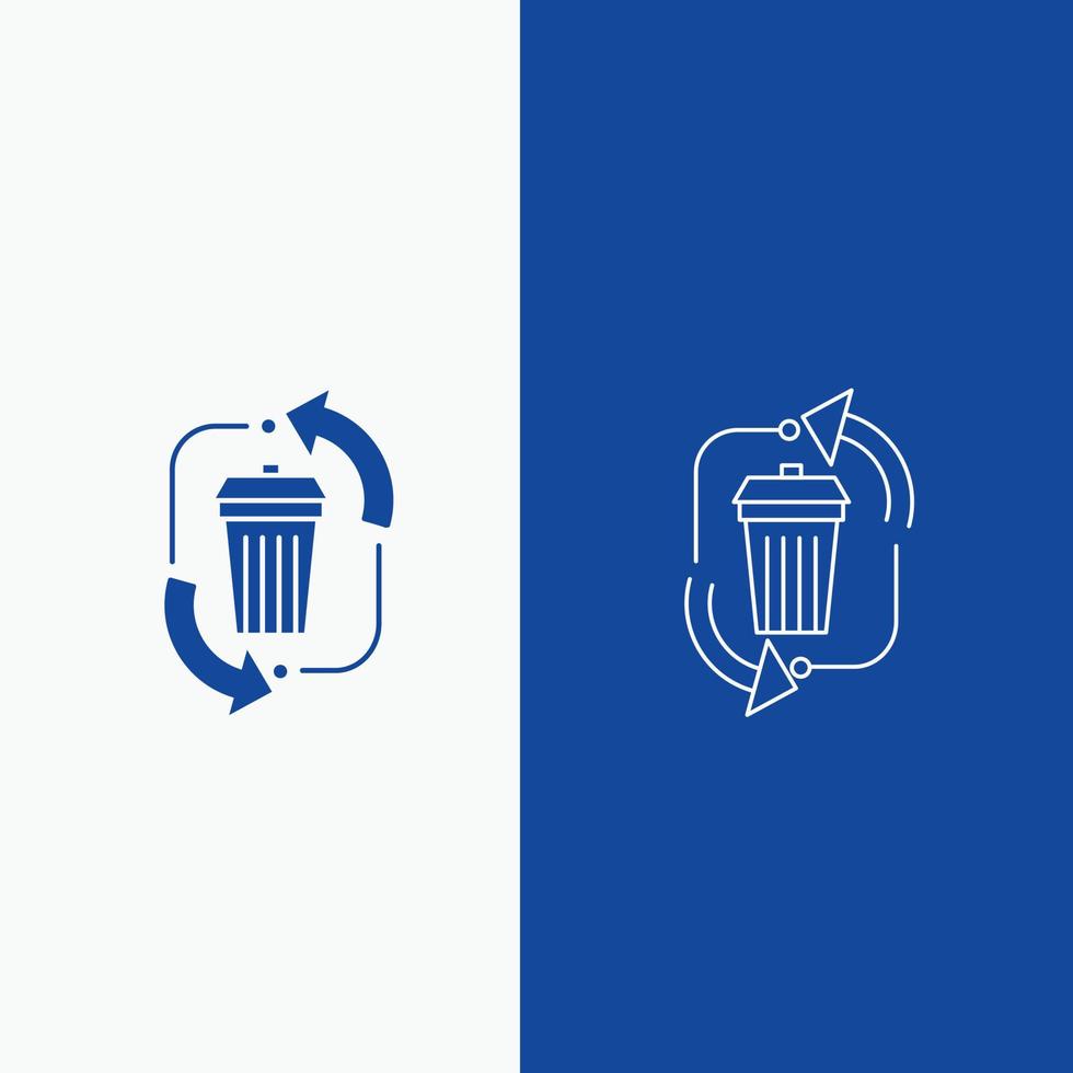 déchets. disposition. des ordures. la gestion. ligne de recyclage et bouton web glyphe dans une bannière verticale de couleur bleue pour ui et ux. site web ou application mobile vecteur