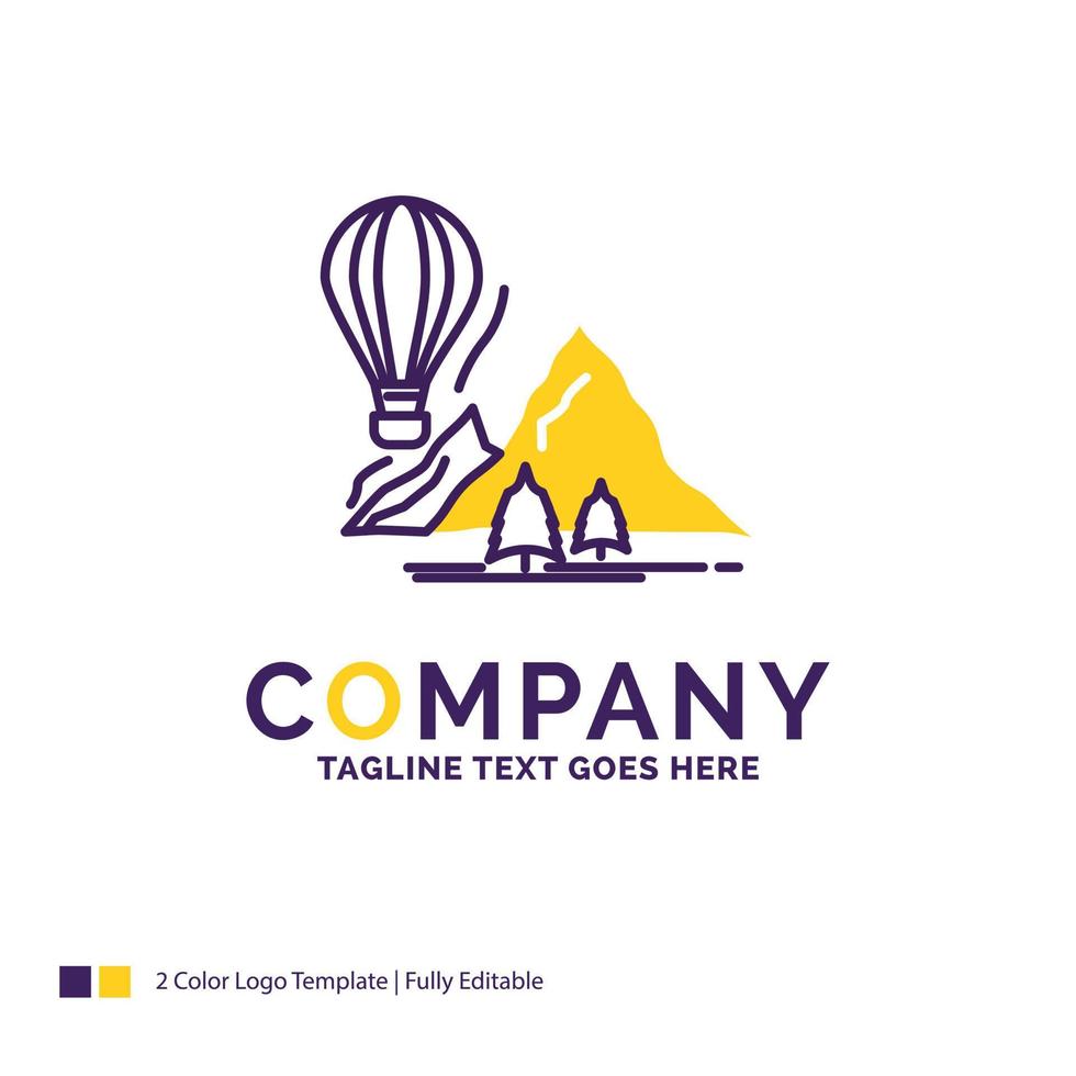 création du logo du nom de l'entreprise à explorer. voyager. montagnes. camping. des ballons. conception de nom de marque violet et jaune avec place pour le slogan. modèle de logo créatif pour petites et grandes entreprises. vecteur