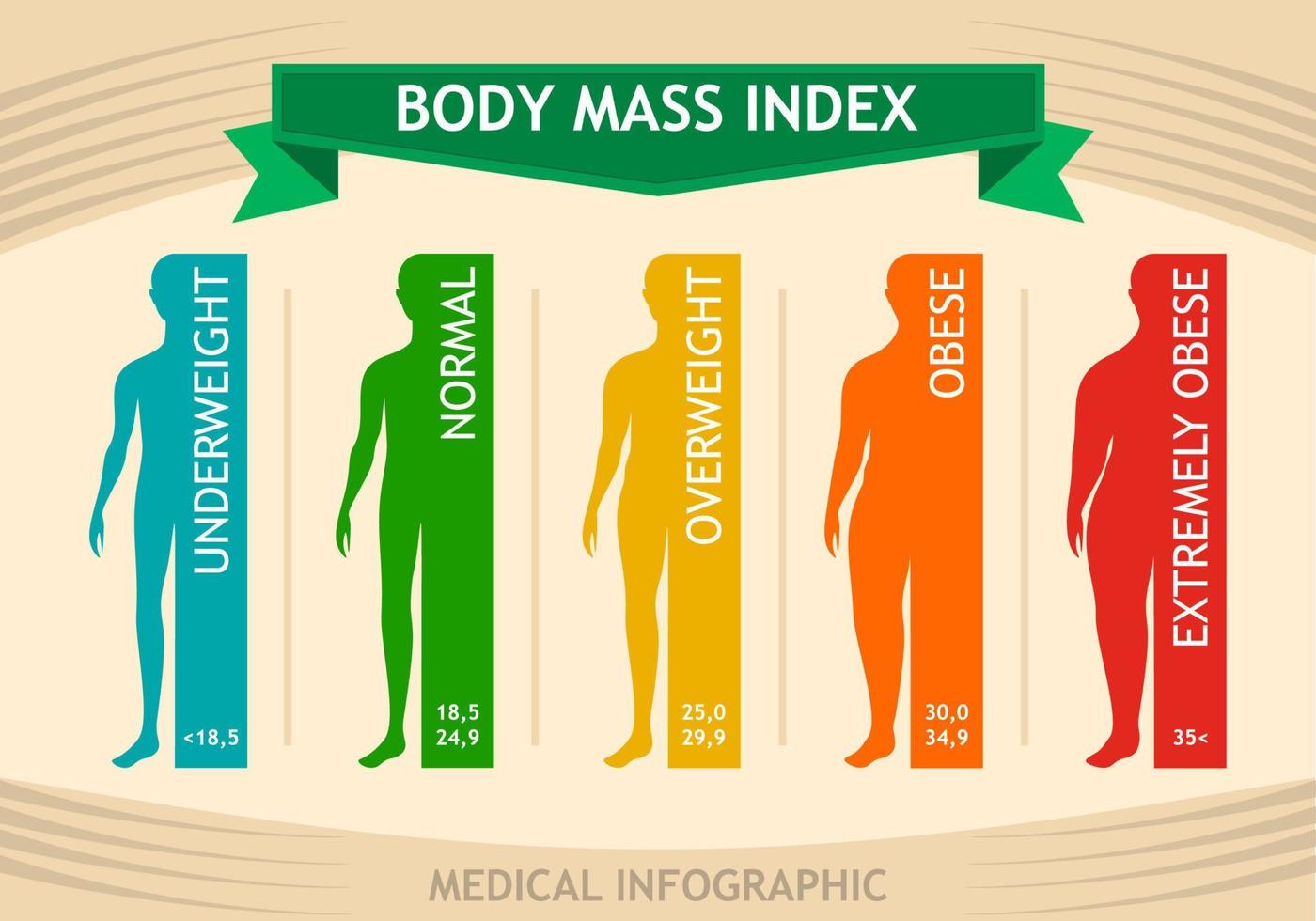 tableau d'informations sur l'indice de masse corporelle de l'homme. infographie médicale de la silhouette masculine de l'insuffisance pondérale à l'extrême obésité. illustration vectorielle vecteur