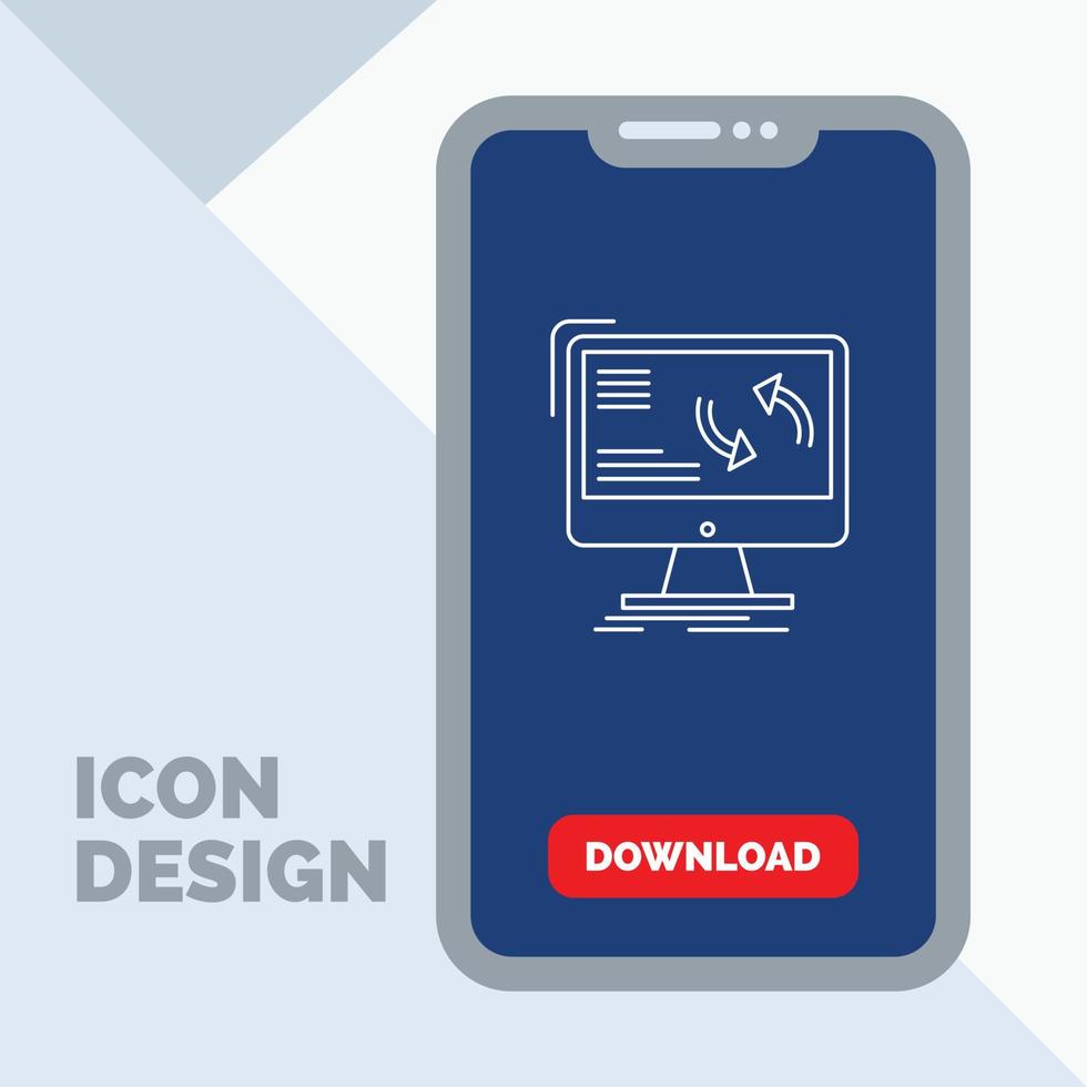 synchronisation. synchroniser. informations. Les données. icône de ligne d'ordinateur dans le mobile pour la page de téléchargement vecteur