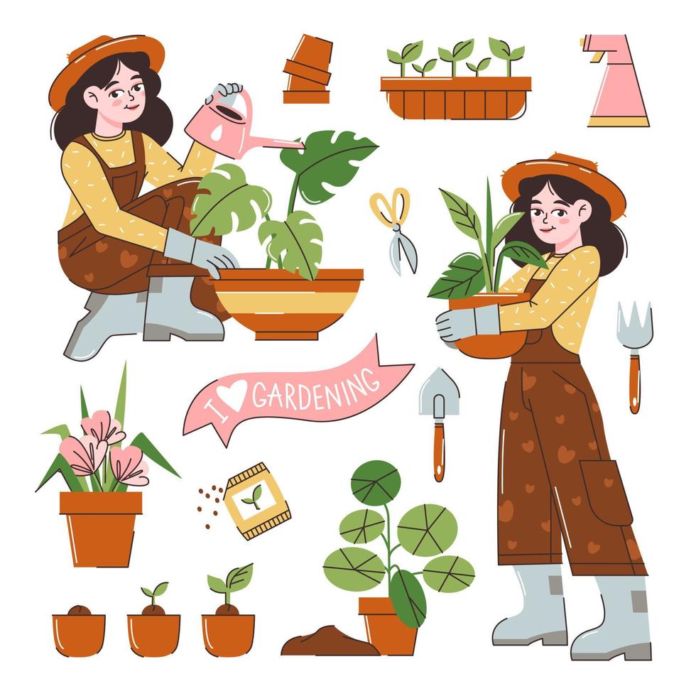 drôle de fille heureuse prenant soin des plantes d'intérieur poussant dans des jardinières. jeune femme mignonne cultivant des plantes en pot à la maison. personnage féminin appréciant son passe-temps. illustration vectorielle colorée de dessin animé plat. vecteur