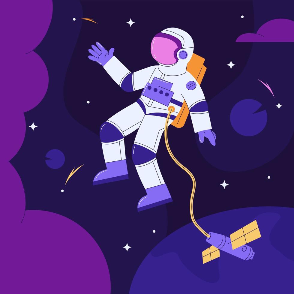 astronaute dans un espace ouvert sur fond de galaxie entourée d'étoiles - illustration vectorielle, conception d'affiches. vecteur
