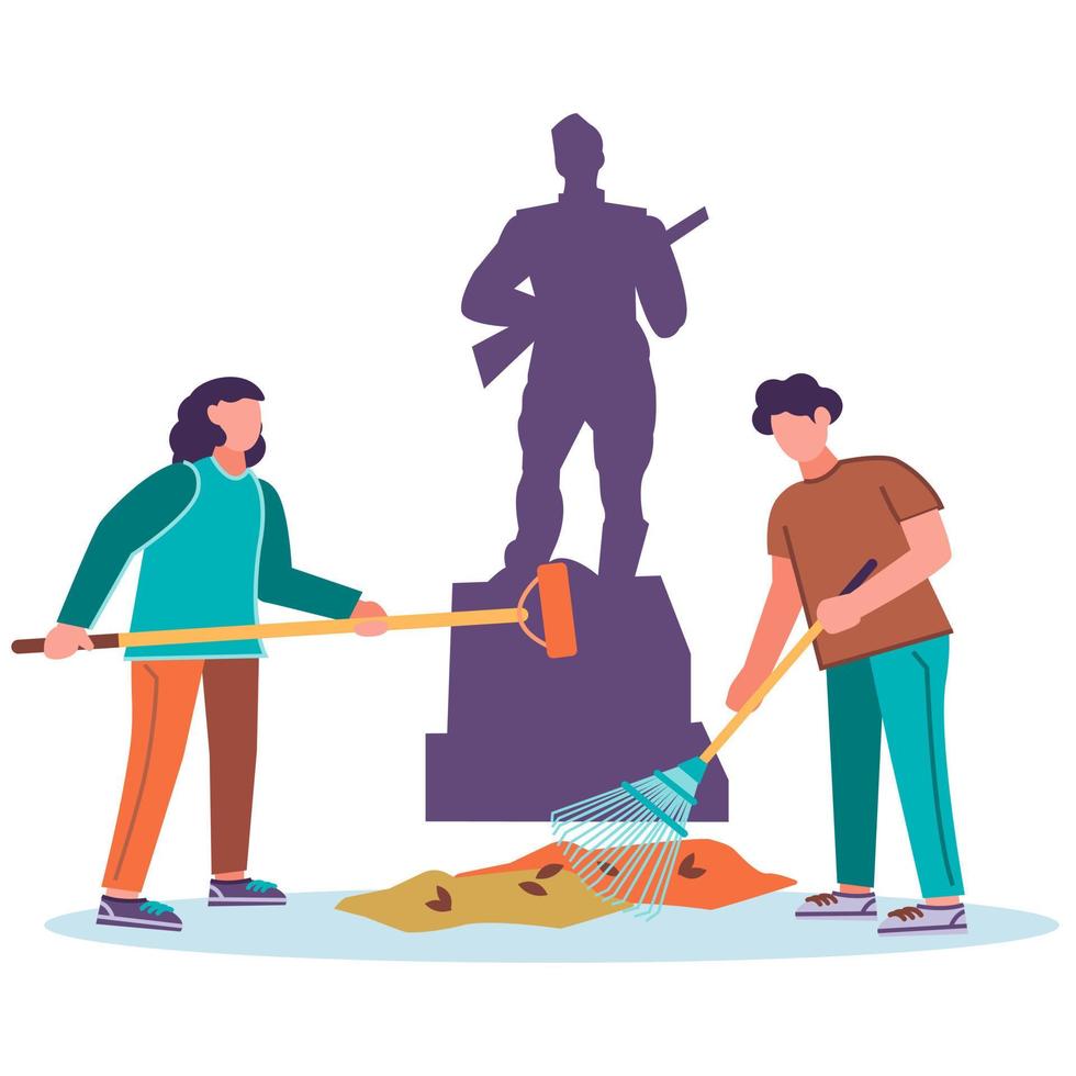 illustration vectorielle avec de jeunes volontaires nettoyant le terrain et le parc. la notion de protection de l'environnement. un gars et une fille nettoient les feuilles près du monument. vecteur