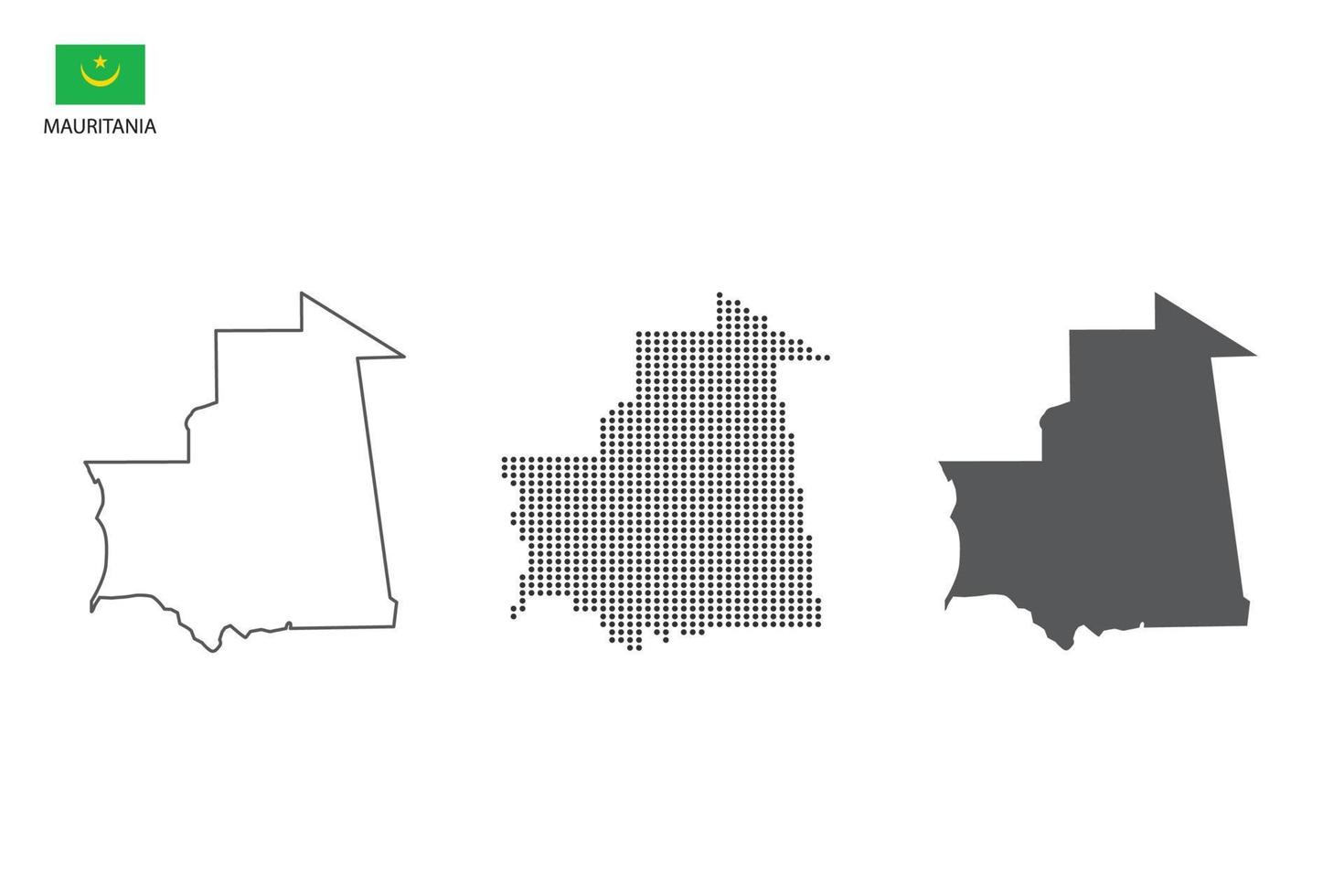 3 versions du vecteur de la ville de la carte mauritanie par un style de simplicité de contour noir fin, un style de point noir et un style d'ombre sombre. le tout sur fond blanc.