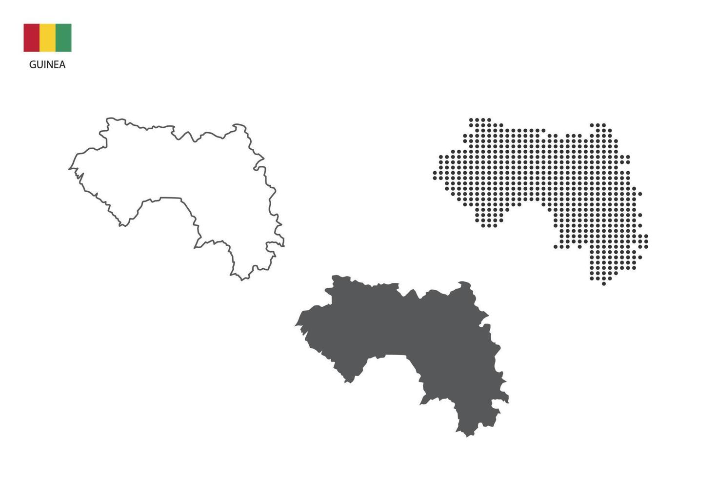 3 versions du vecteur de la ville de la carte de la Guinée par un style de simplicité de contour noir fin, un style de point noir et un style d'ombre sombre. le tout sur fond blanc.