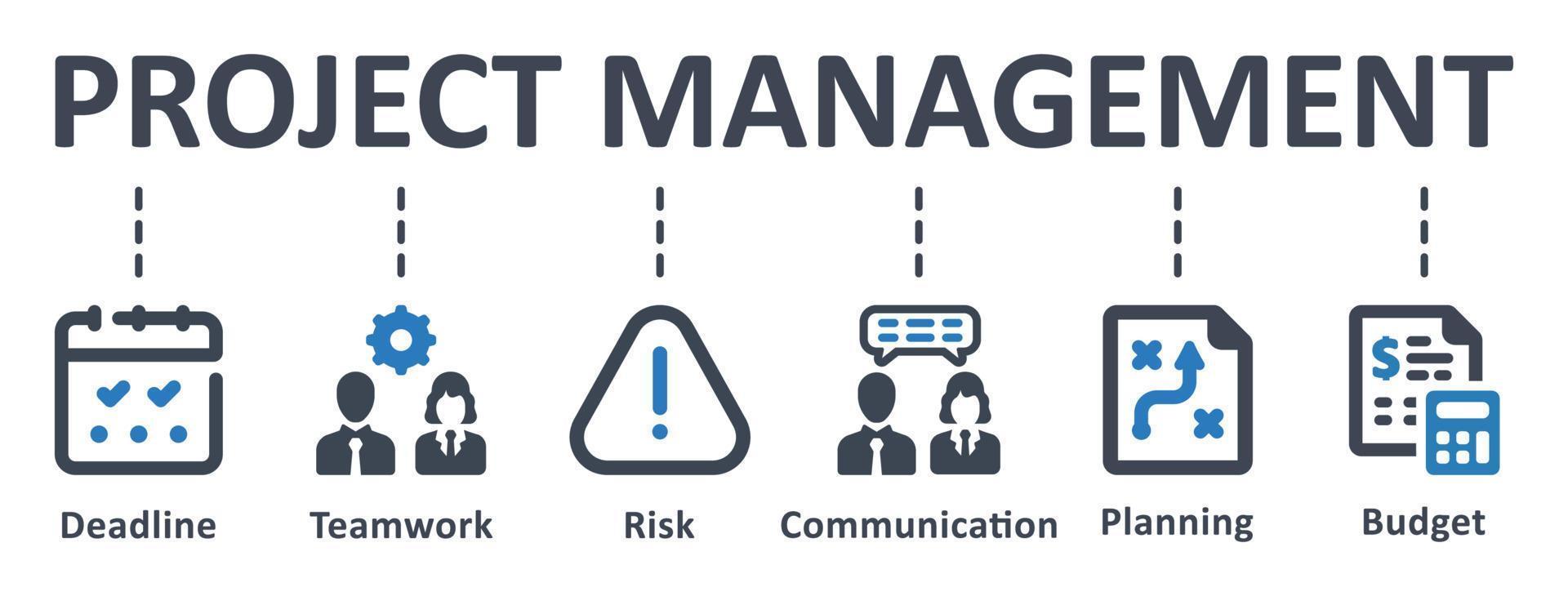 icône de gestion de projet - illustration vectorielle . projet, gestion, risque, date limite, budget, communication, travail d'équipe, planification, infographie, modèle, présentation, concept, bannière, jeu d'icônes, icônes. vecteur
