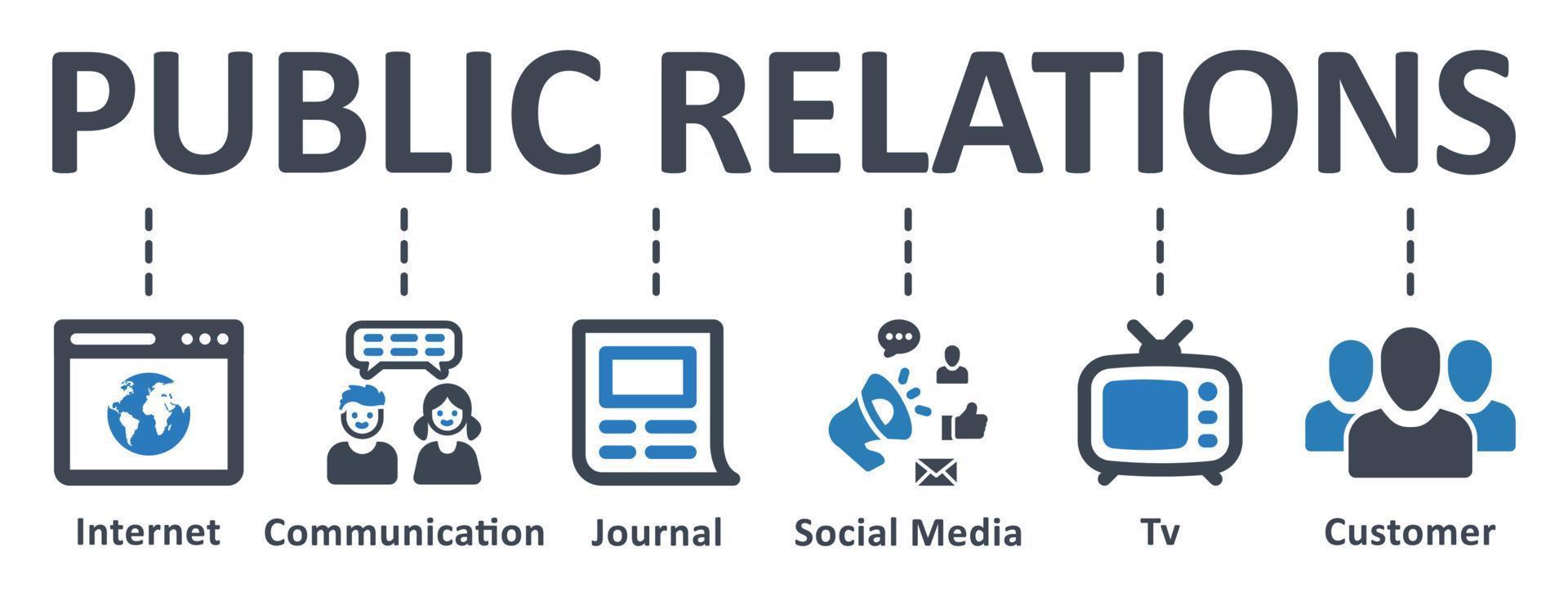 icône de relations publiques - illustration vectorielle . public, relations, communication, internet, journal, télévision, médias sociaux, client, infographie, modèle, présentation, concept, bannière, jeu d'icônes, icônes. vecteur