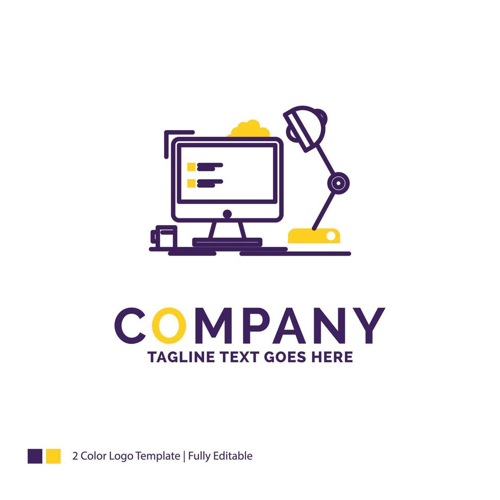 création de logo de nom d'entreprise pour le lieu de travail. poste de travail. Bureau. lampe. l'ordinateur. conception de nom de marque violet et jaune avec place pour le slogan. modèle de logo créatif pour petites et grandes entreprises. vecteur