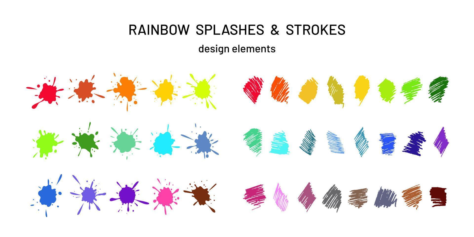 éclaboussures de peinture liquide arc-en-ciel et coups de feutre. éléments de conception amusants vecteur