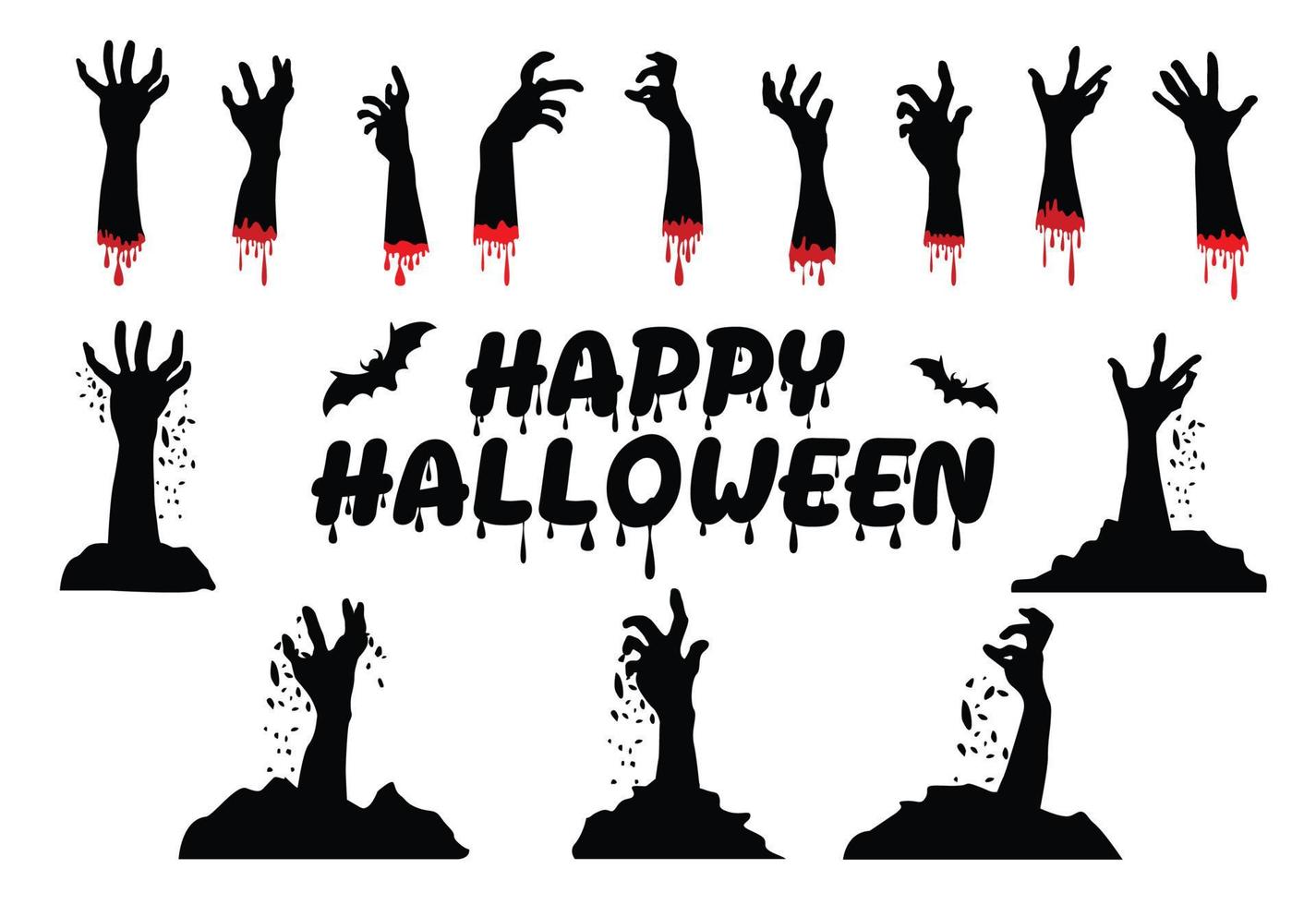 joyeux halloween, texte et chauves-souris, mains zombies, thème halloween, illustration vectorielle. vecteur