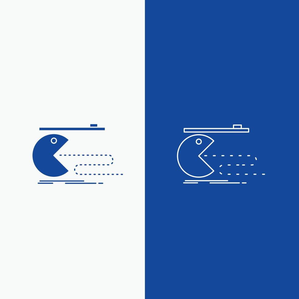 personnage. l'ordinateur. Jeu. jeu. ligne pacman et bouton web glyphe dans une bannière verticale de couleur bleue pour ui et ux. site web ou application mobile vecteur