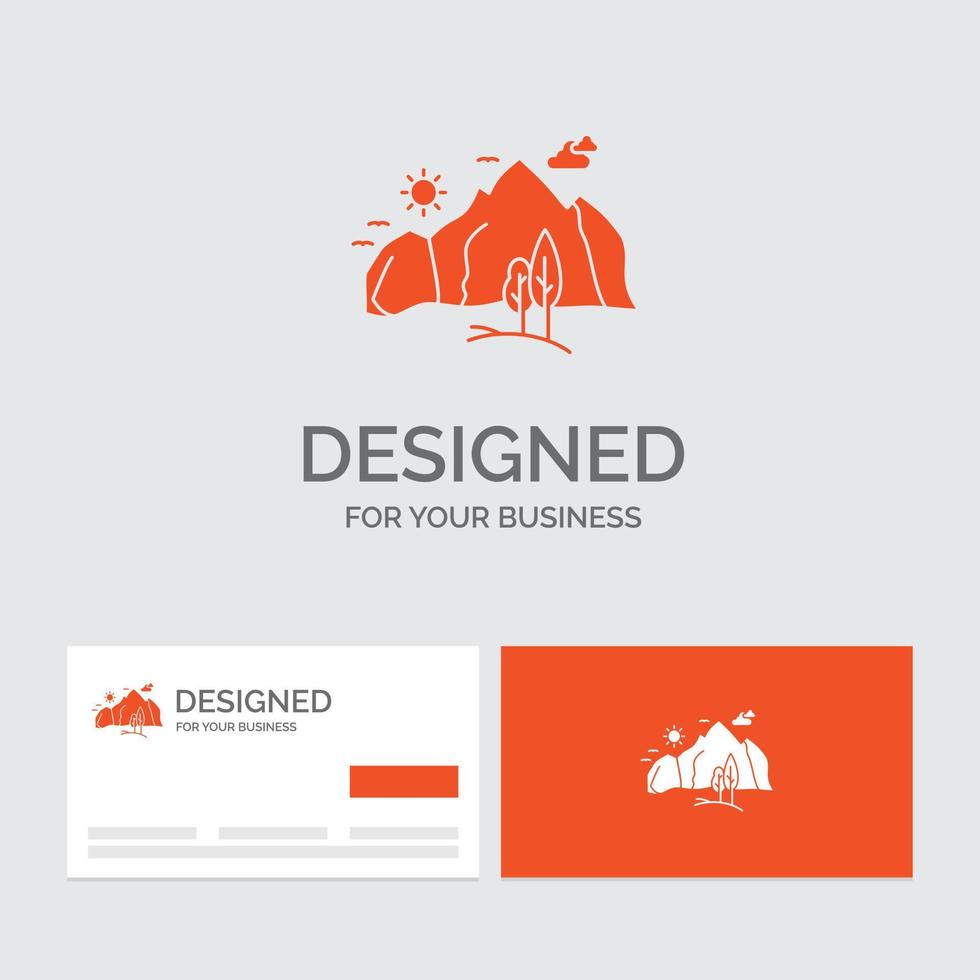 modèle de logo d'entreprise pour la colline. paysage. la nature. Montagne. arbre. cartes de visite orange avec modèle de logo de marque. vecteur