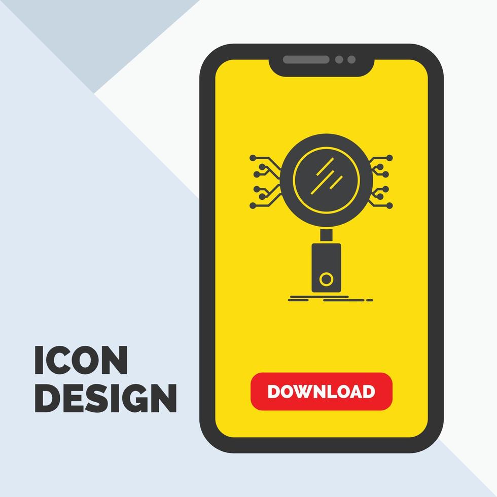 une analyse. chercher. informations. rechercher. icône de glyphe de sécurité dans la page de téléchargement mobile. fond jaune vecteur