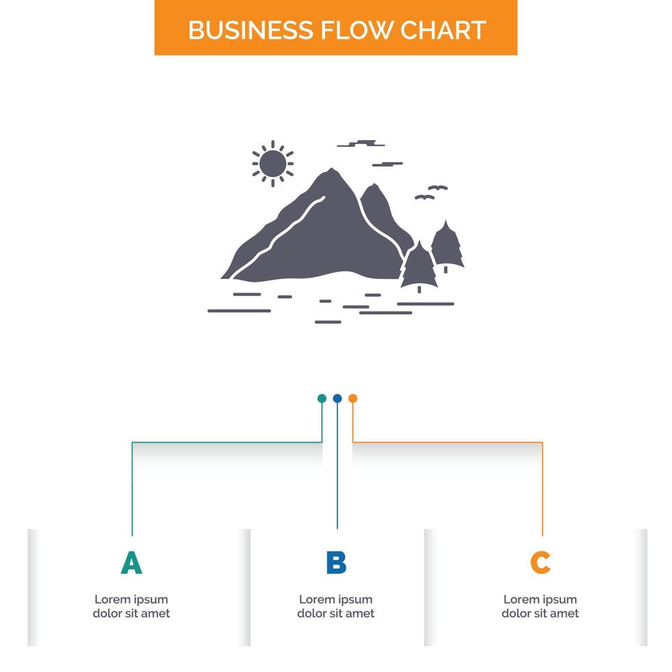la nature. colline. paysage. Montagne. conception d'organigramme d'affaires du soleil avec 3 étapes. icône de glyphe pour la place du modèle d'arrière-plan de présentation pour le texte. vecteur