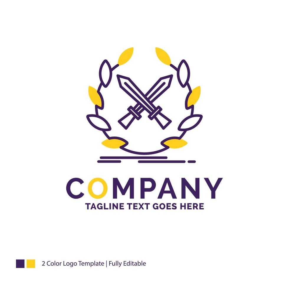 création de logo de nom de société pour la bataille. emblème. Jeu. étiquette. épées. conception de nom de marque violet et jaune avec place pour le slogan. modèle de logo créatif pour petites et grandes entreprises. vecteur