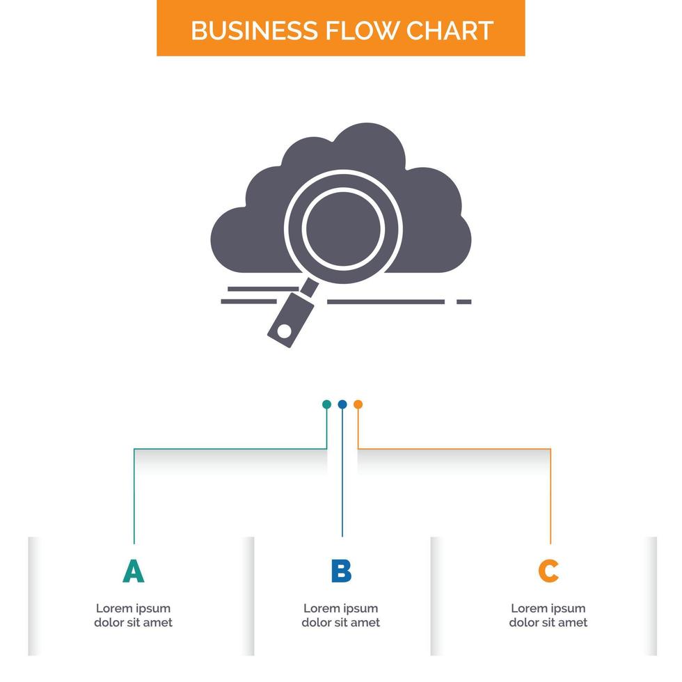 nuage. chercher. stockage. La technologie. conception d'organigramme informatique en 3 étapes. icône de glyphe pour la place du modèle d'arrière-plan de présentation pour le texte. vecteur