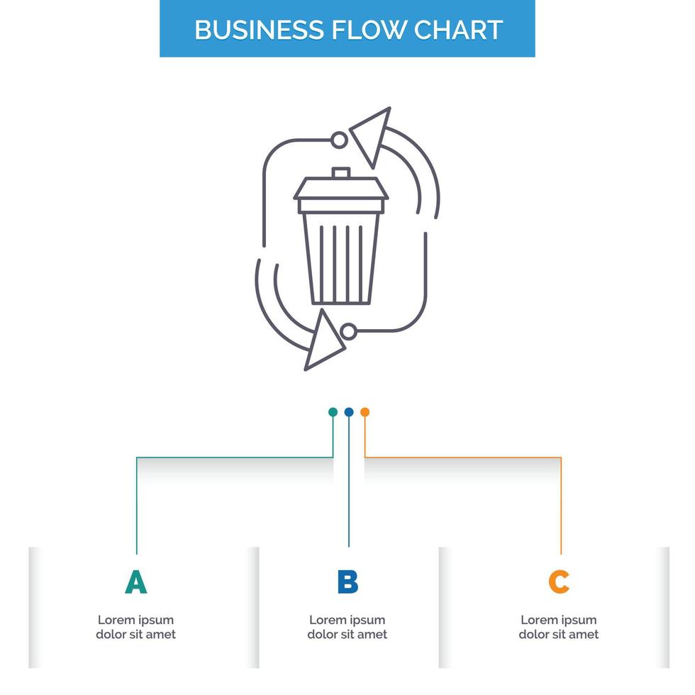 déchets. disposition. des ordures. la gestion. recycler la conception d'organigramme d'entreprise en 3 étapes. icône de ligne pour le modèle d'arrière-plan de présentation place pour le texte vecteur