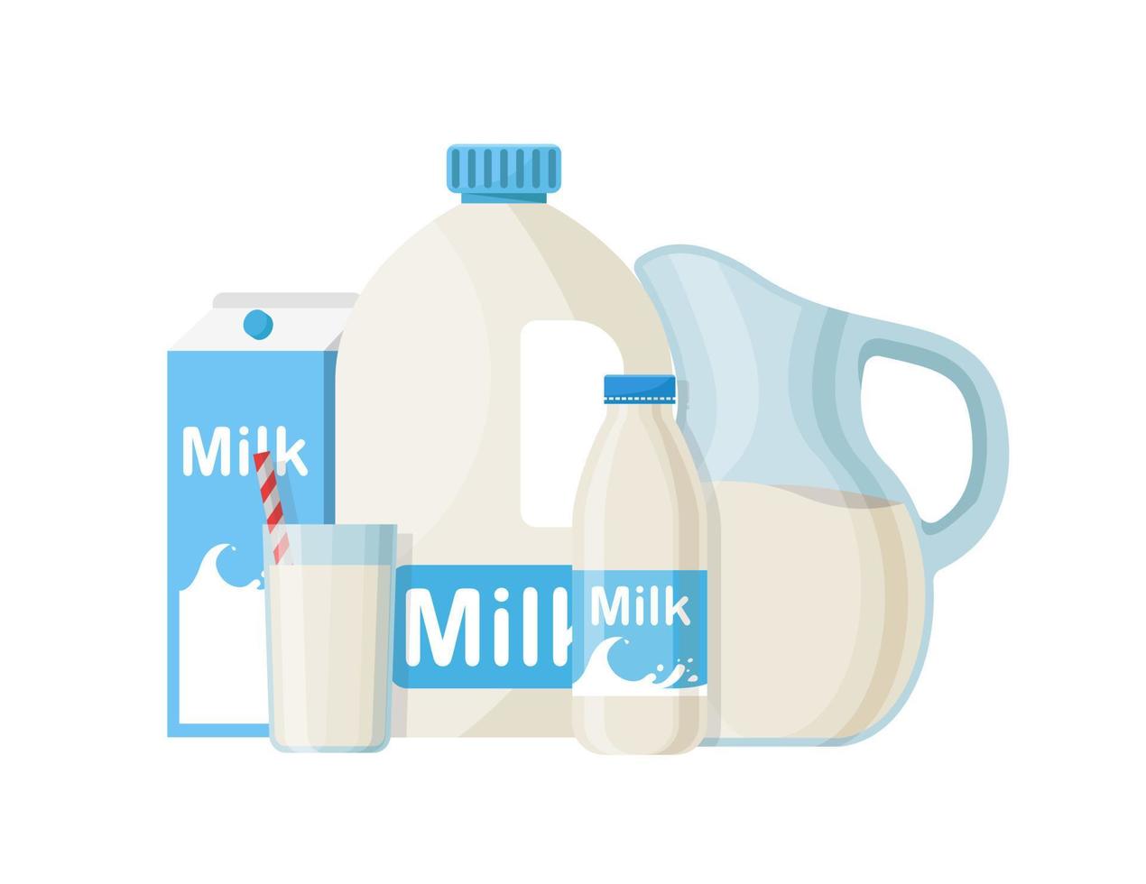 ensemble de lait dans différents emballages, verre, carton, bouteille isolé sur fond blanc vecteur