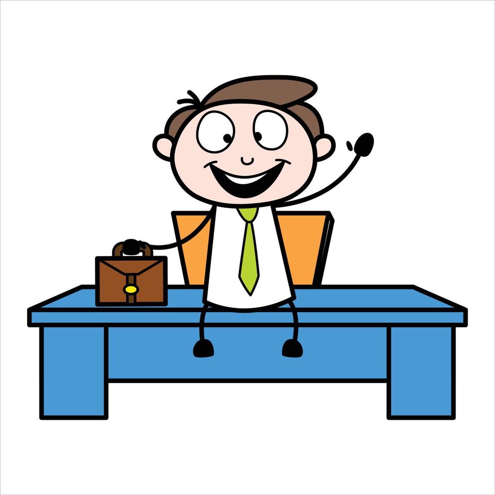 atout d'un personnage de dessin animé de jeune homme d'affaires assis sur un bureau et saluant d'autres employés vecteur