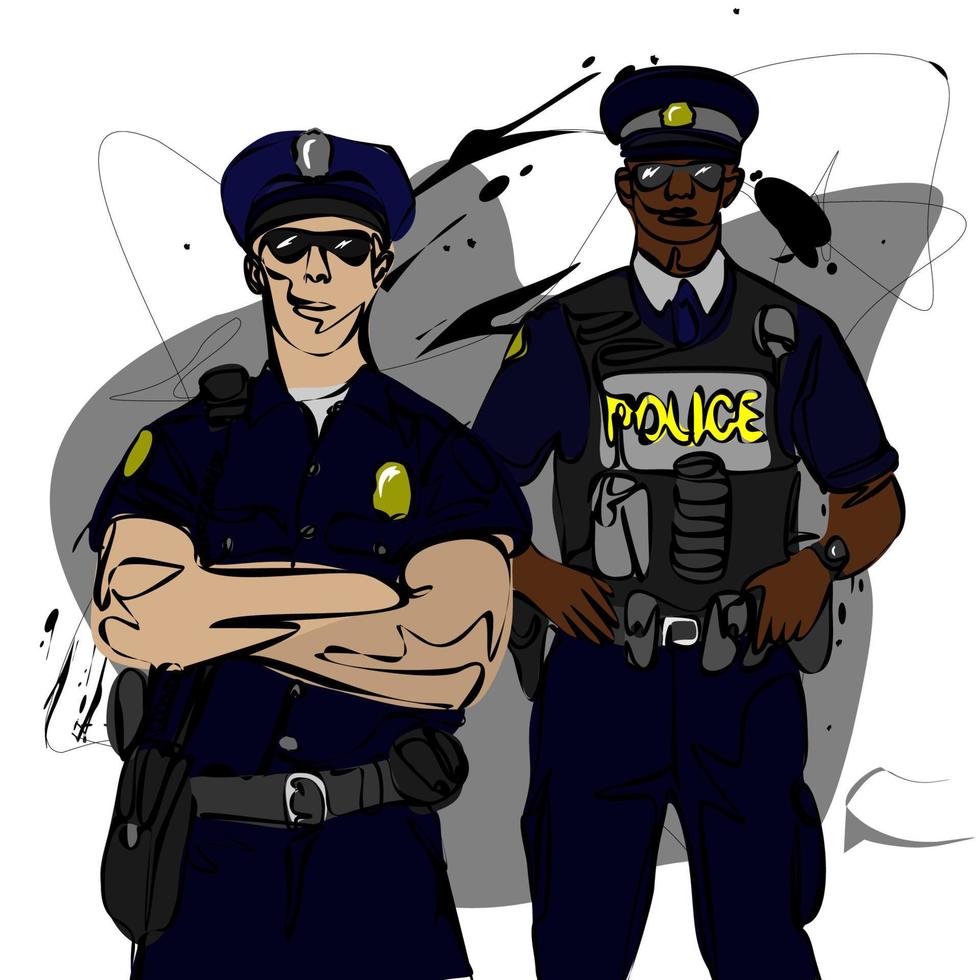 illustration vectorielle de deux policiers style pop art. imitation de style bande dessinée. concept de la journée nationale de la police. sauveteur de personnage de dessin animé sauvetage policiers de course européens et afro-américains vecteur