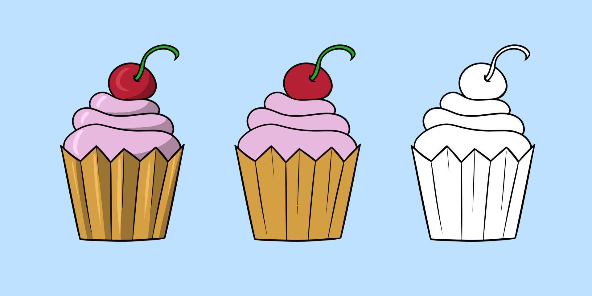 ensemble horizontal d'images, délicieux cupcake à la crème délicate et aux baies de cerise, illustration vectorielle en style cartoon sur fond coloré vecteur