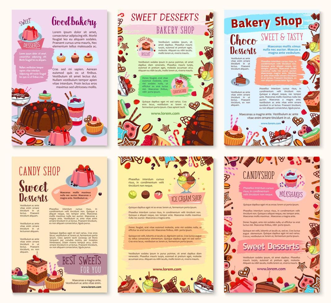 dessert de boulangerie, bonbons et affiches de crème glacée vecteur