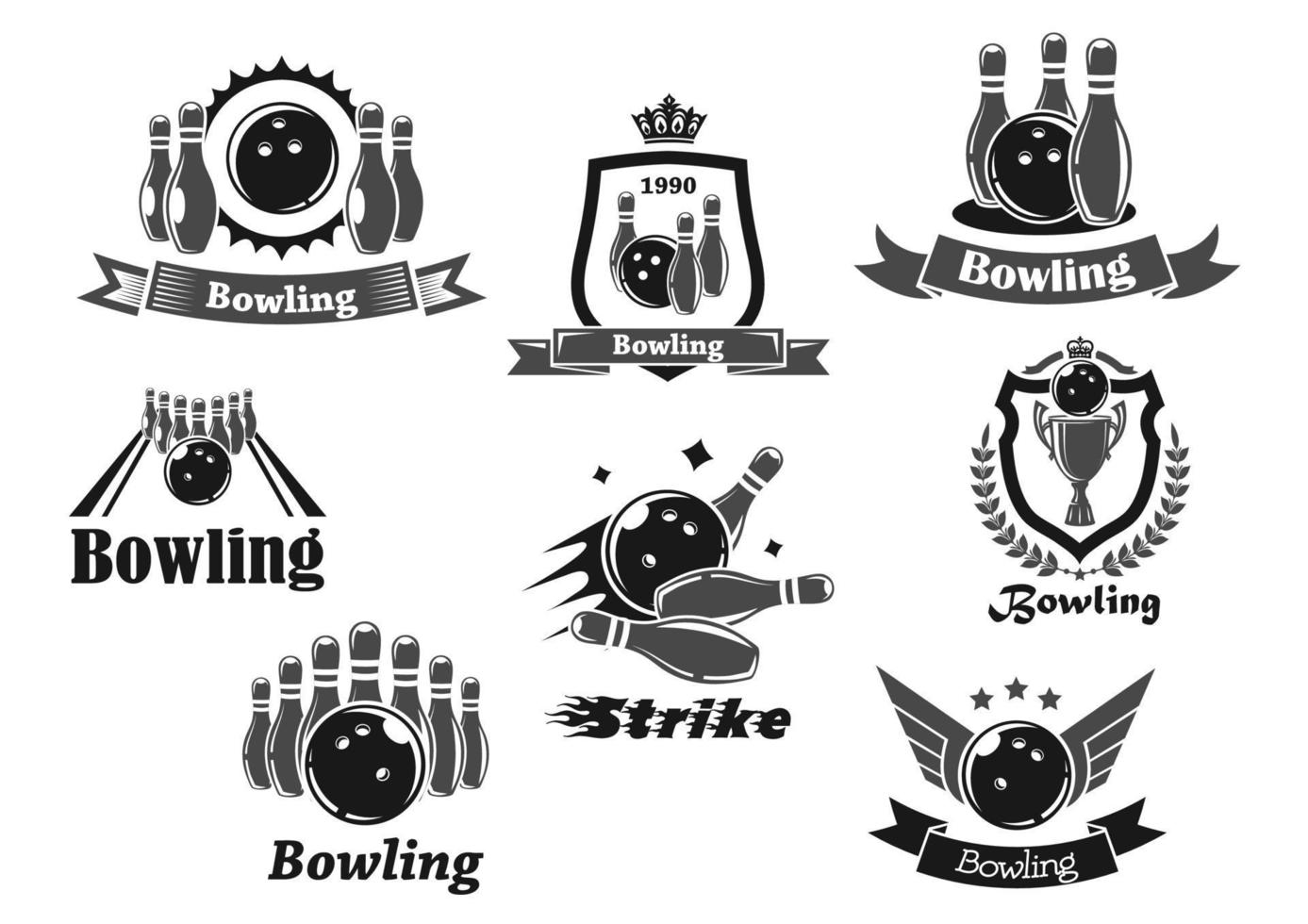 icône de club de sport de jeu de bowling avec ballon, quilles vecteur